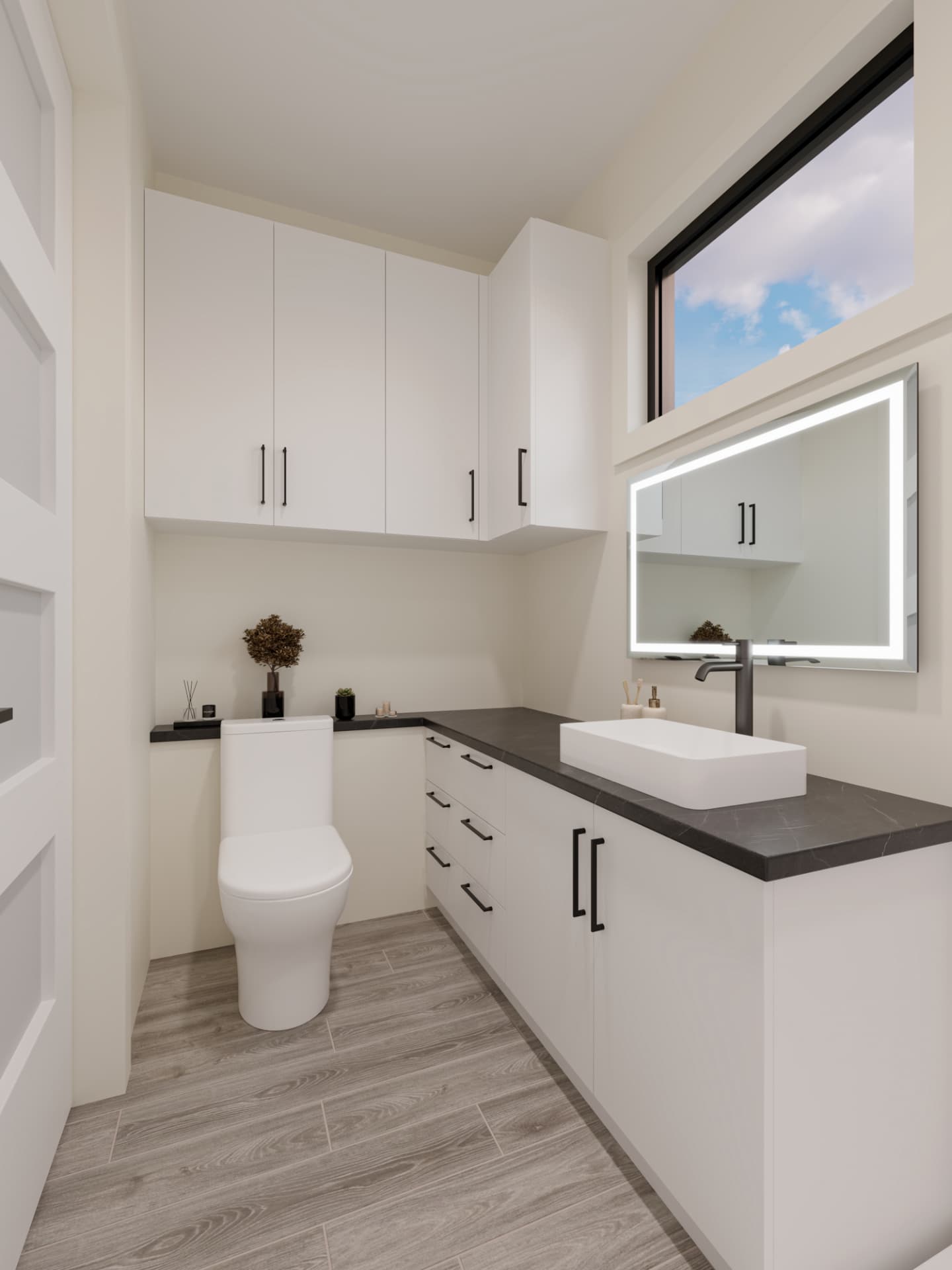 Bathroom vanity with laundry storage cabinetry