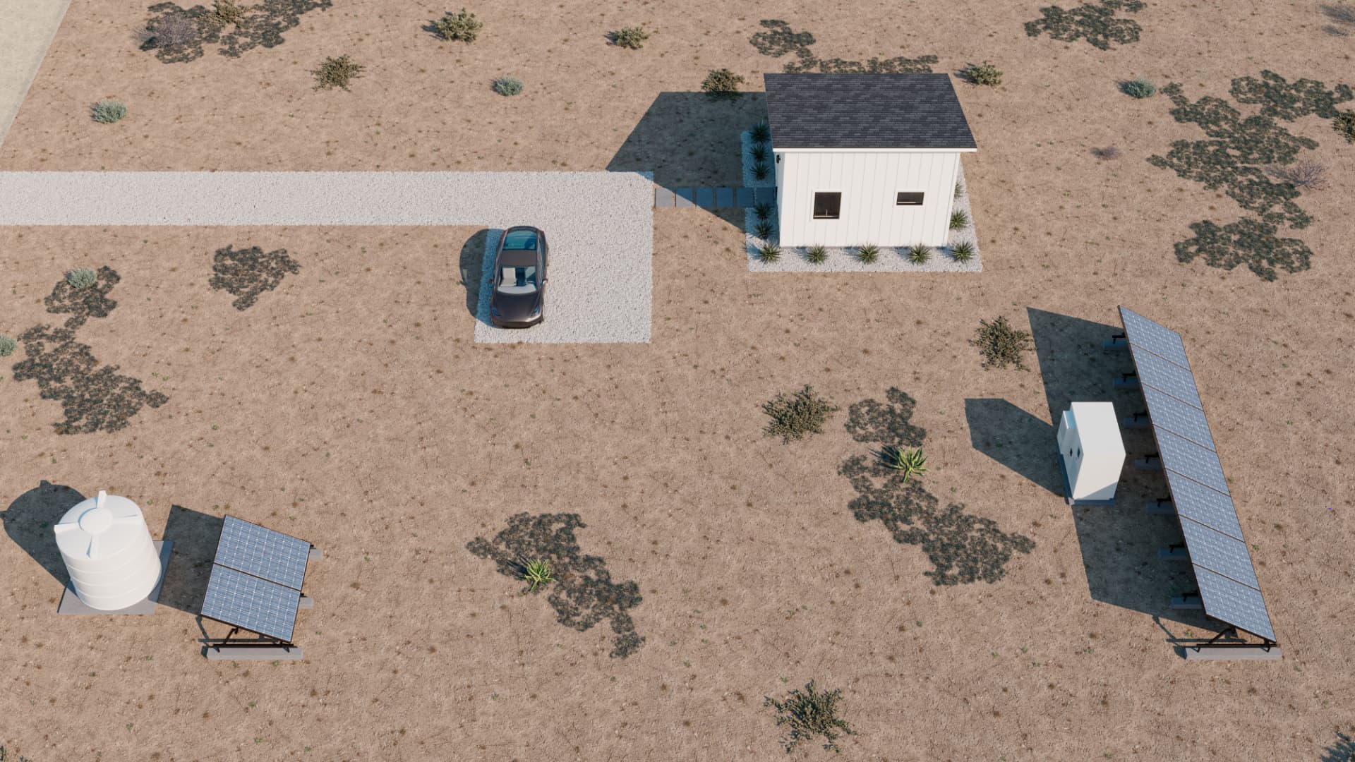 Overhead view of the one-acre lot, driveway, solar and well systems