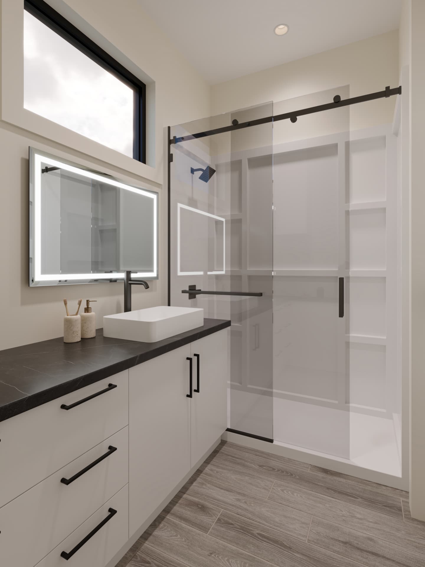 Modern bathroom with walk-in glass shower and lit mirror