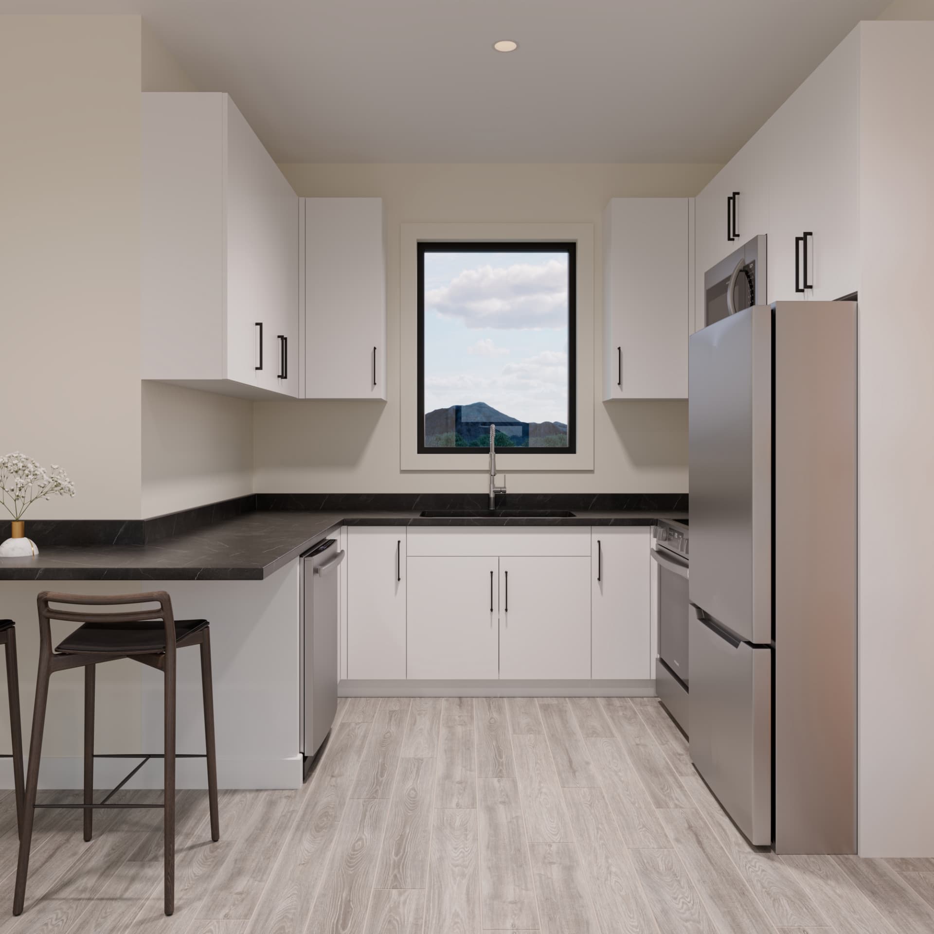 Full kitchen with stainless appliances and stone countertops