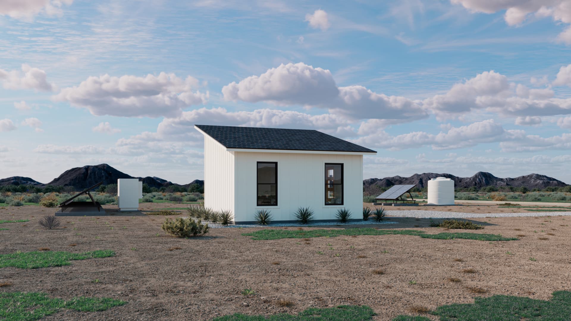 Homestead with solar array, battery cabinet and water tank